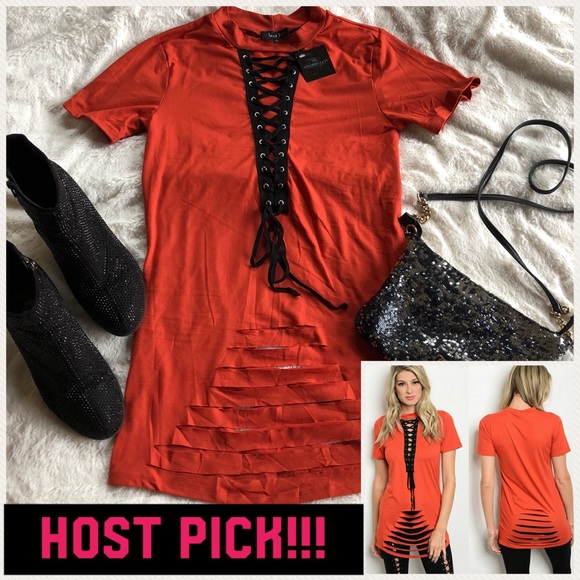 Tops - NWT- super soft red/orange w/black lace up top